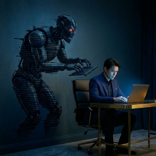Shadow AI robot standing behind office worker